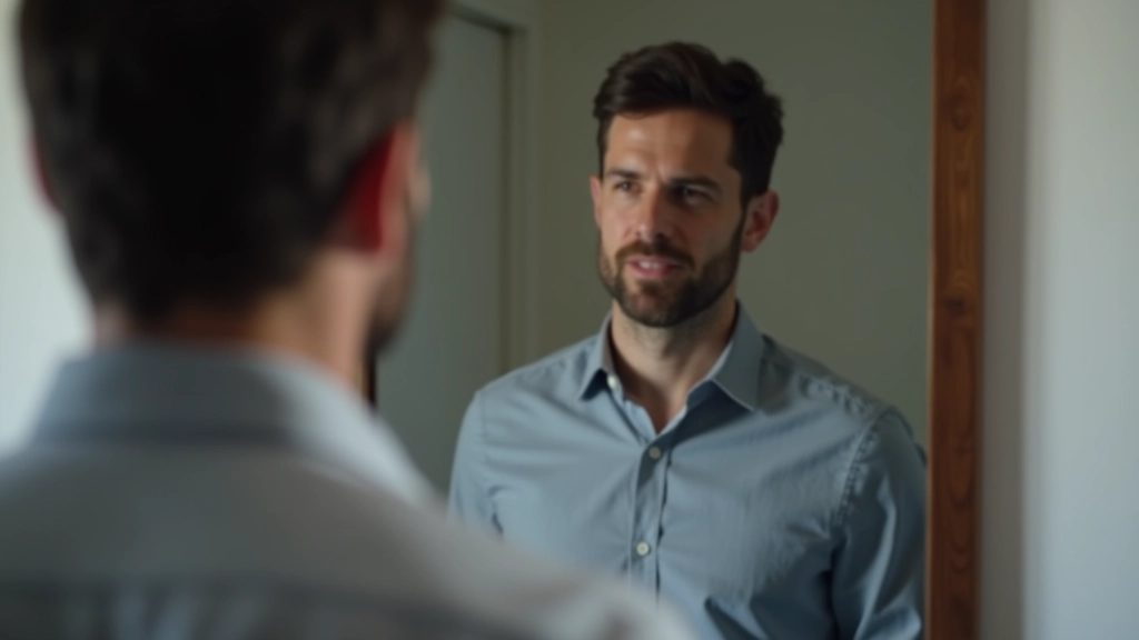 Homem em espelho, observando sua própria expressão, postura confiante, luz suave