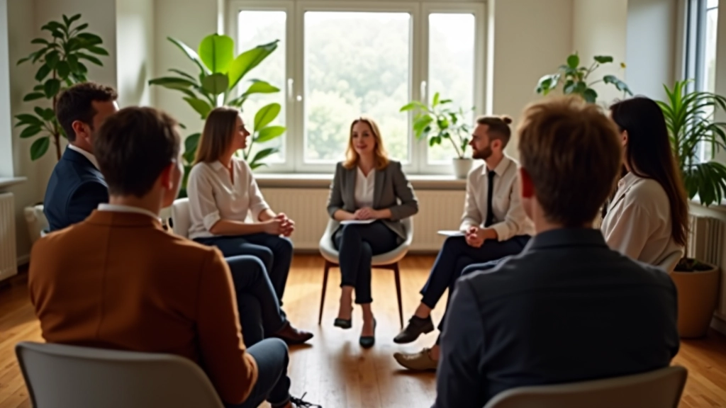 Grupo de participantes em sessão de treino, círculo de cadeiras, ambiente acolhedor, luz suave, interação positiva