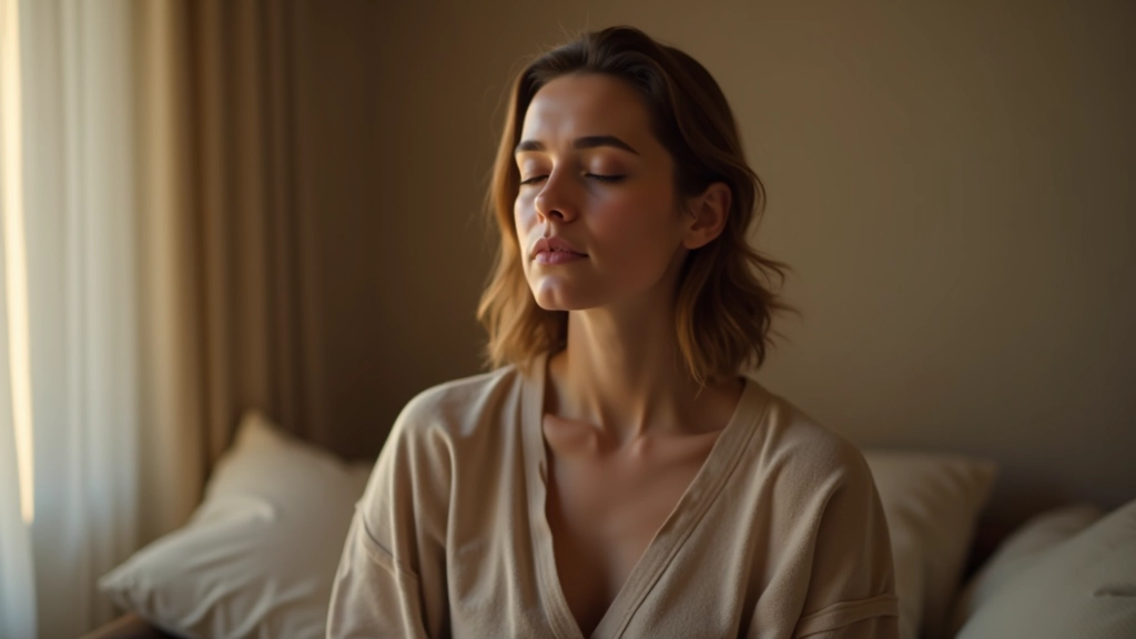 Mulher praticando exercício de respiração calma em ambiente tranquilo, olhos fechados, postura relaxada